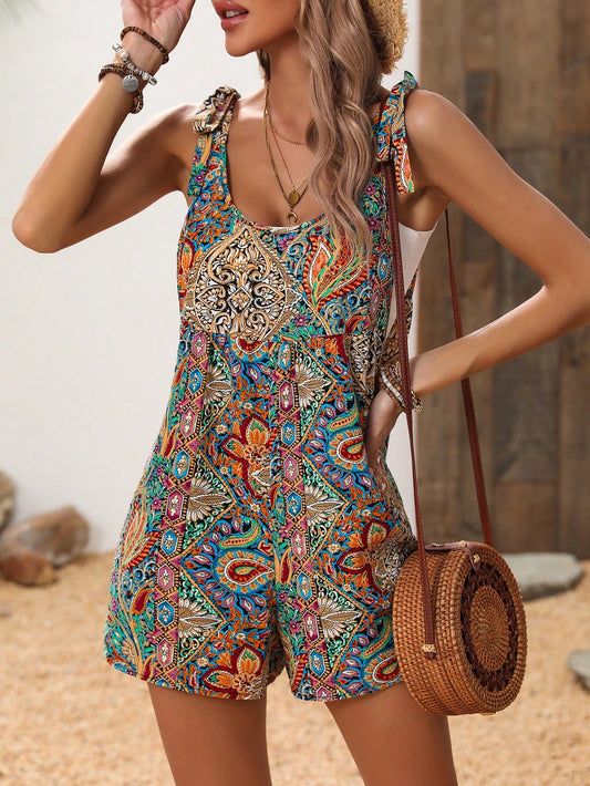 Strong Willed Sleeveless Romper With Waist Tie And Paisley Print
