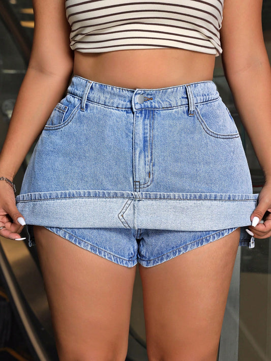 Plus Size Sexy Summer Side Slit Denim Shorts Skirt