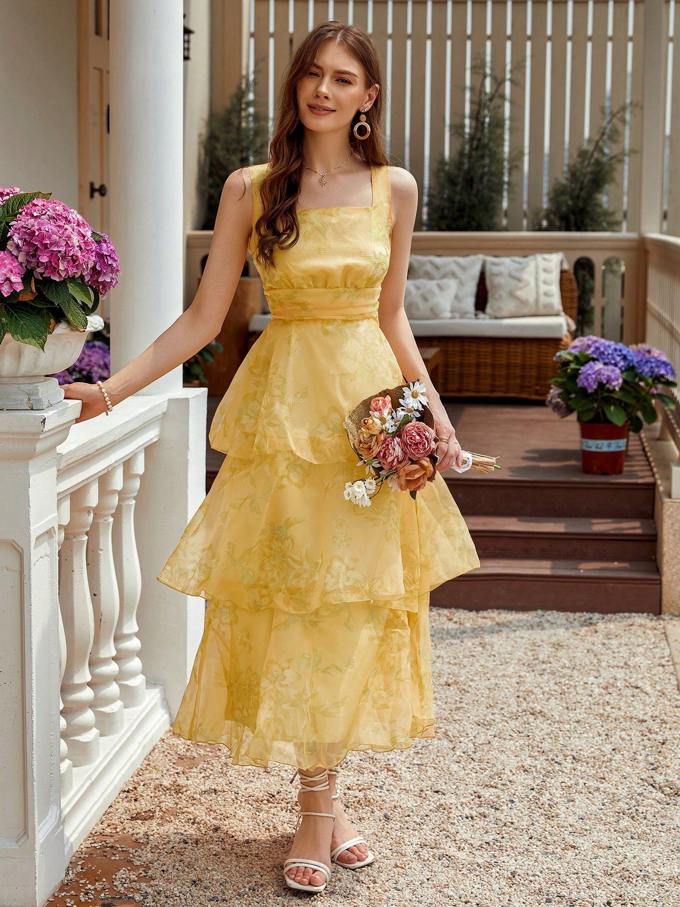 Featherington House Multi-Layer Hem & Waist Cinched Sleeveless Mesh Dress