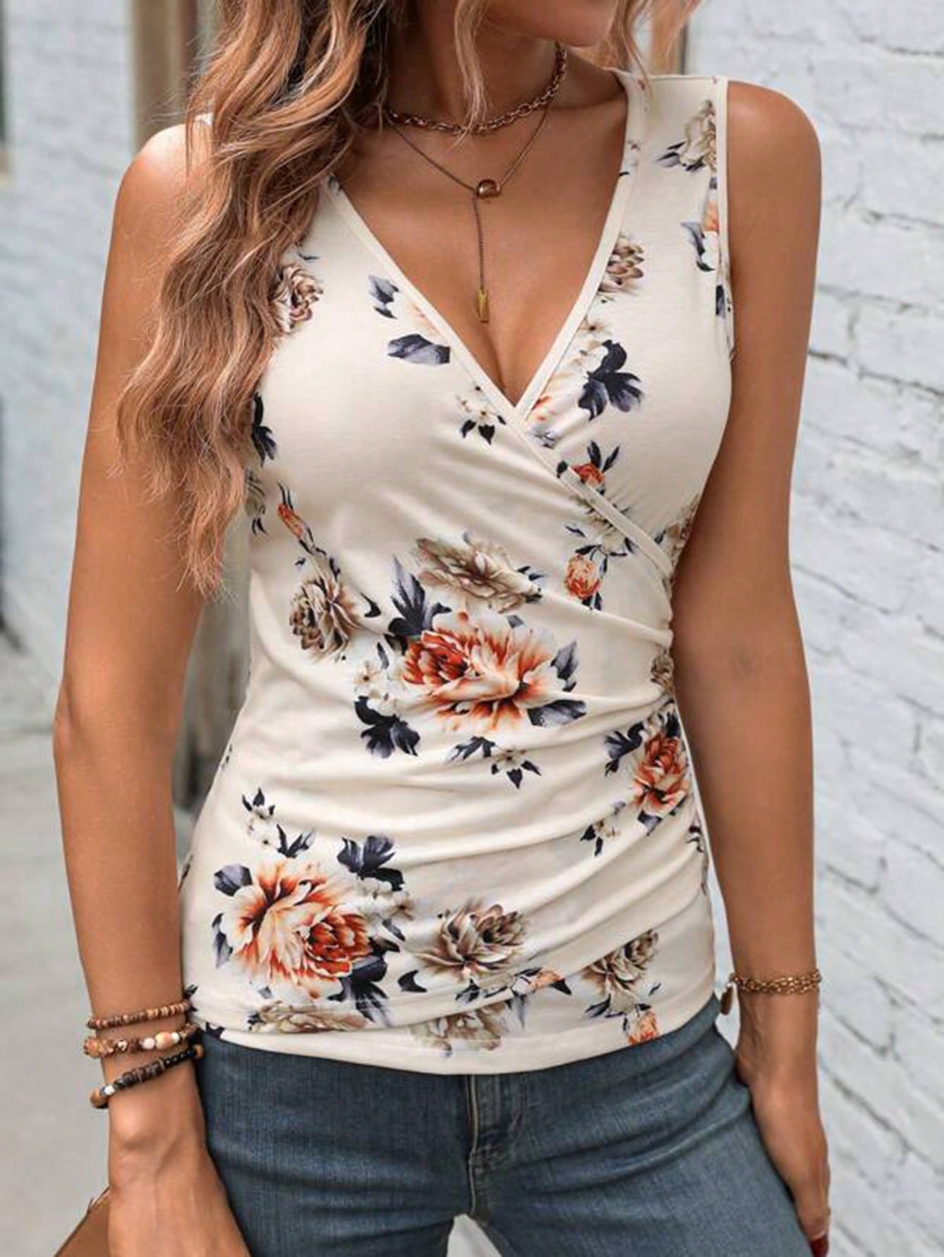 Summer Hype Floral Print Overlapping V-Neck Tank Top