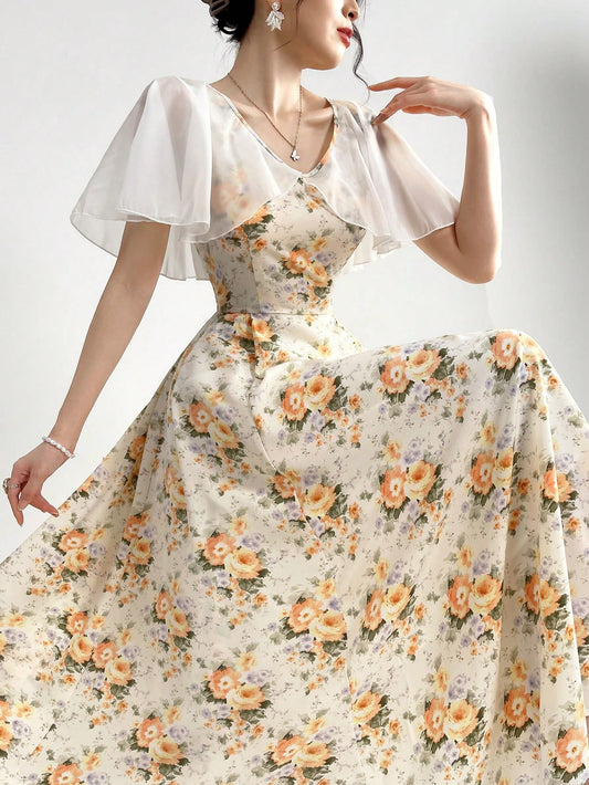 Power In Elegant Long Dress With Floral Print, Cape And Gathered Waist
