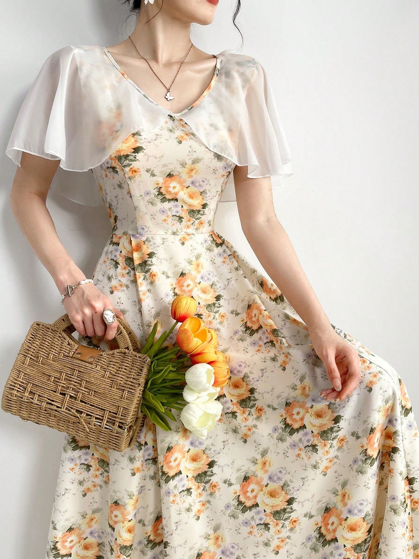 Power In Elegant Long Dress With Floral Print, Cape And Gathered Waist