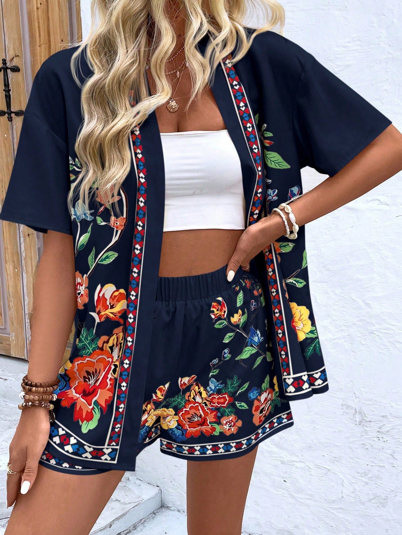 Complete Comfort Floral Print Open-Front Short Sleeve Top And Shorts Two-Piece Set