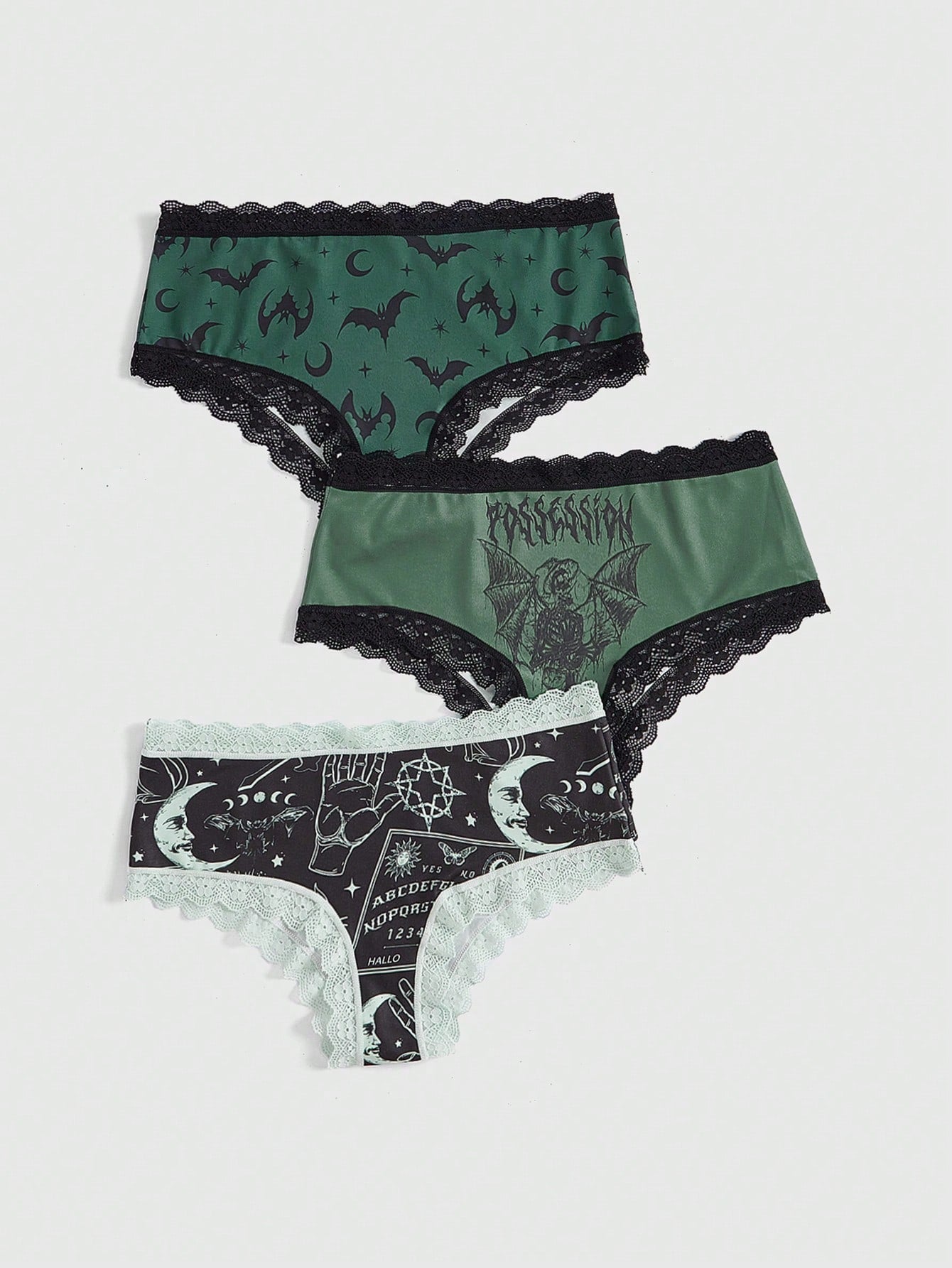 Goth Women's Bat Star And Moon Printed Lace-Trimmed Triangle Panties