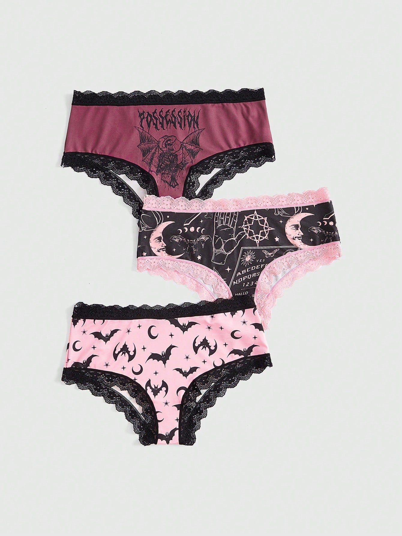 Goth Women's Bat Star And Moon Printed Lace-Trimmed Triangle Panties