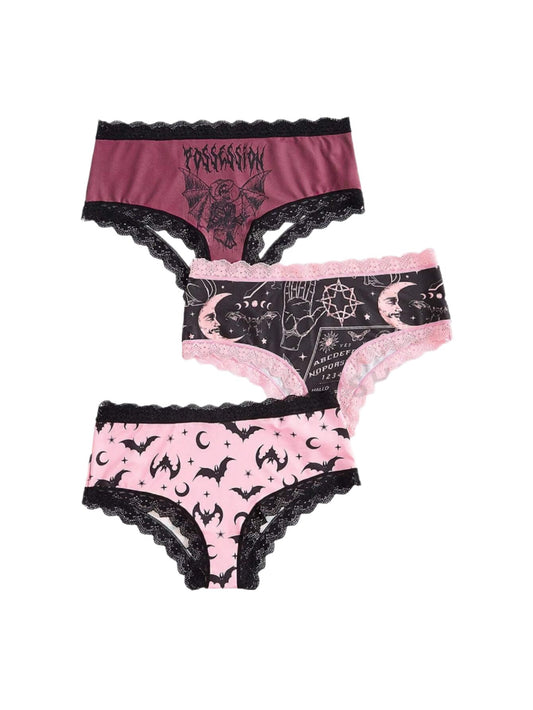 Goth Women's Bat Star And Moon Printed Lace-Trimmed Triangle Panties