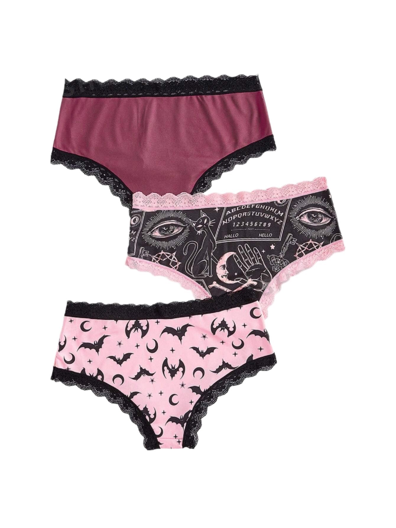 Goth Women's Bat Star And Moon Printed Lace-Trimmed Triangle Panties