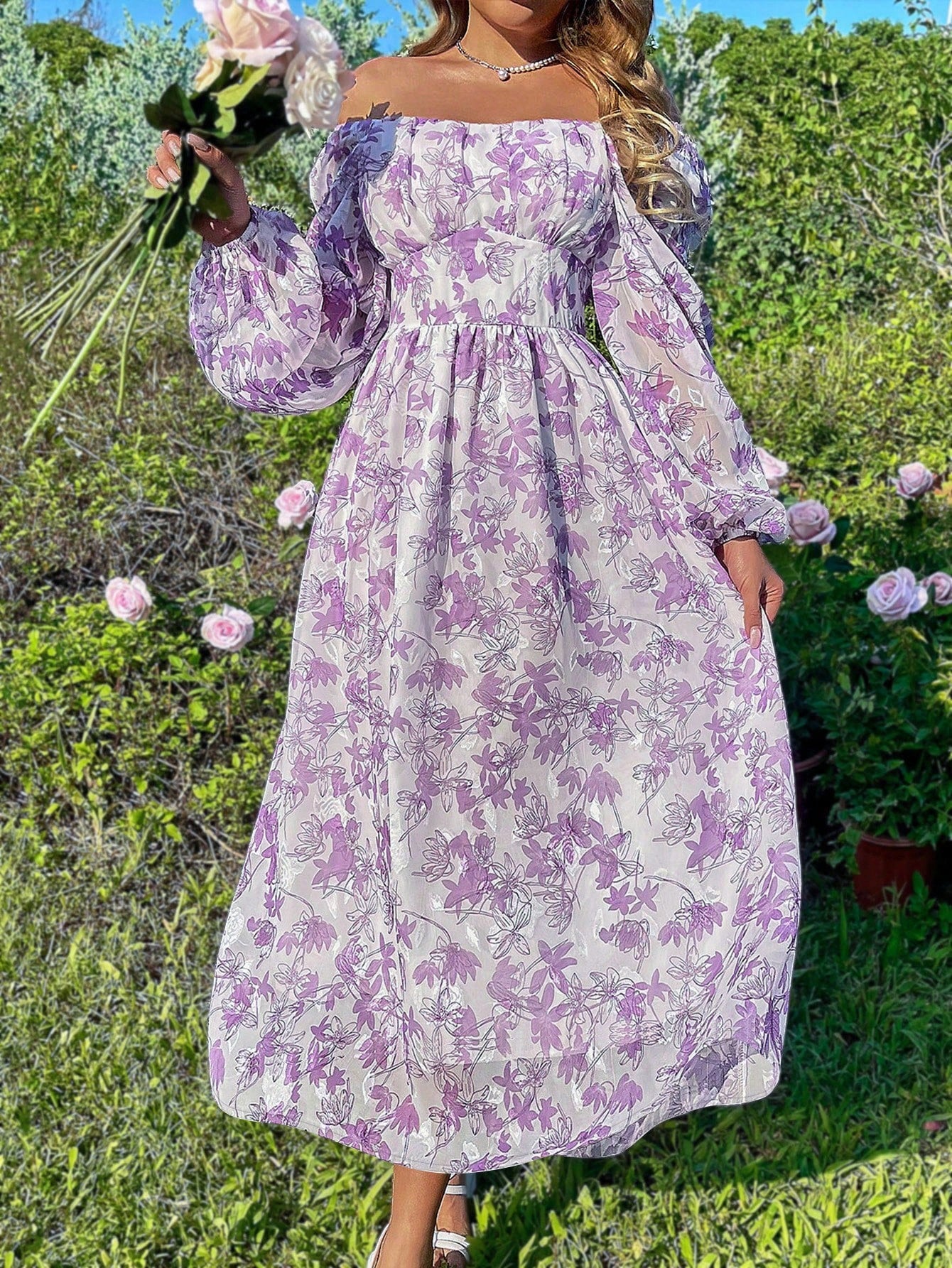 Pardon Me Chiffon Flower Print Dress With Ruched Bust And Romantic Long Lantern Sleeves