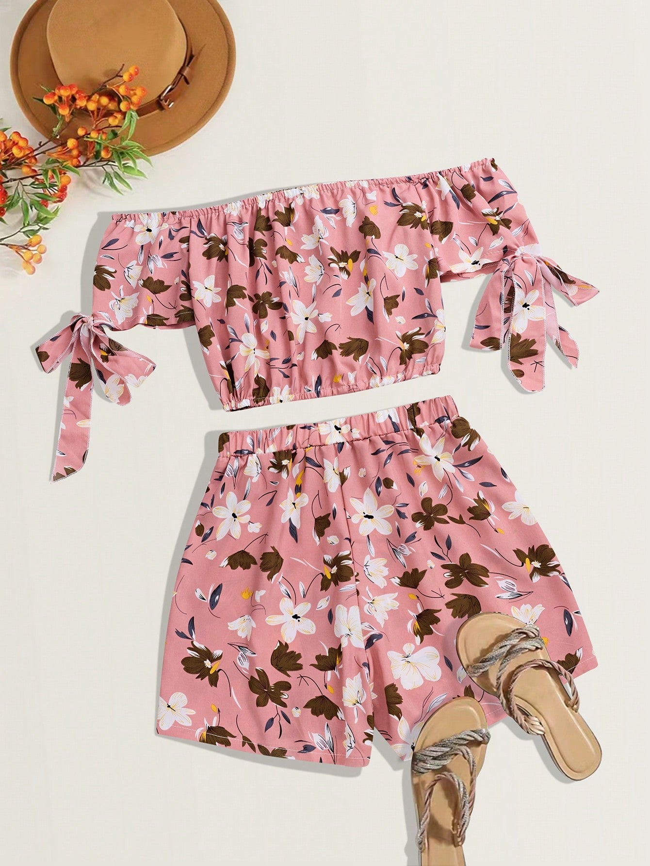 Practically Perfect Loose Fit Floral Print Off-Shoulder Short Sleeve Crop Top And Shorts Set
