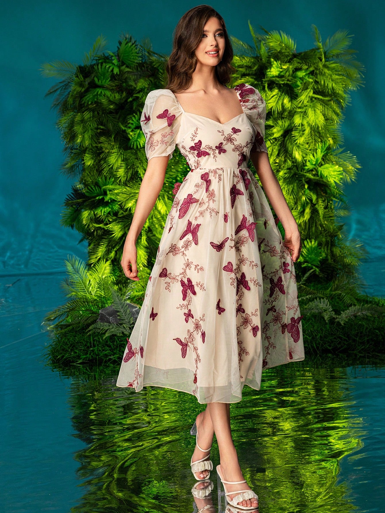 Classy Bubble Sleeves Dress With 3D Butterfly, Jewel Neckline, Cinched Waist And Side Split