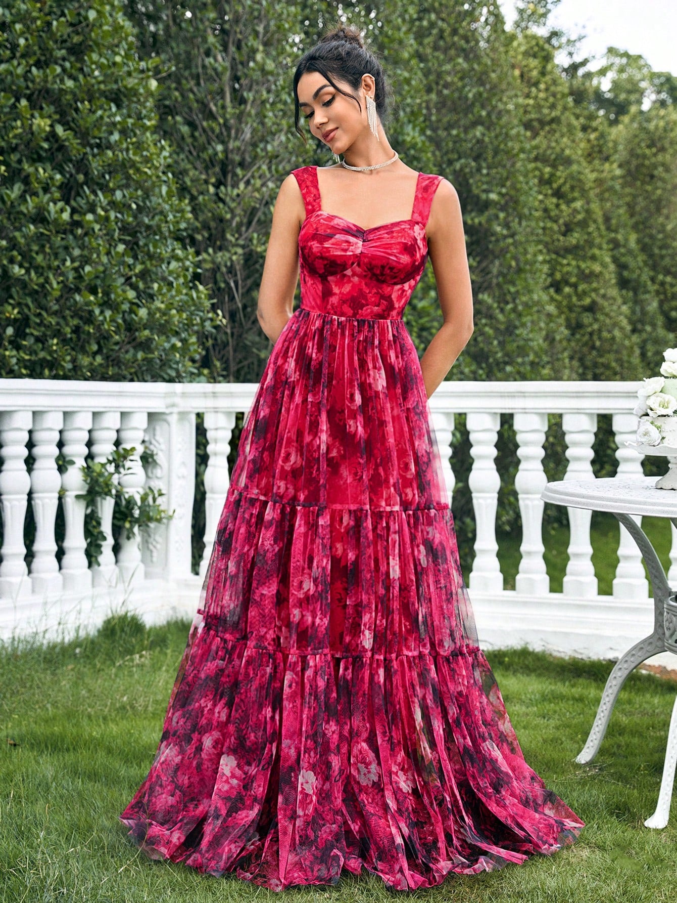 Problem Solved Floral Printed Mesh Overlay Dress