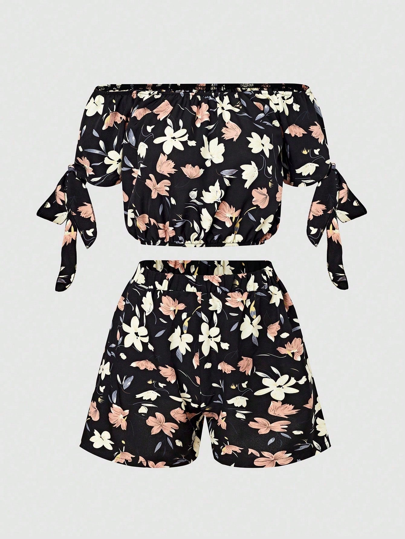 Practically Perfect Loose Fit Floral Print Off-Shoulder Short Sleeve Crop Top And Shorts Set