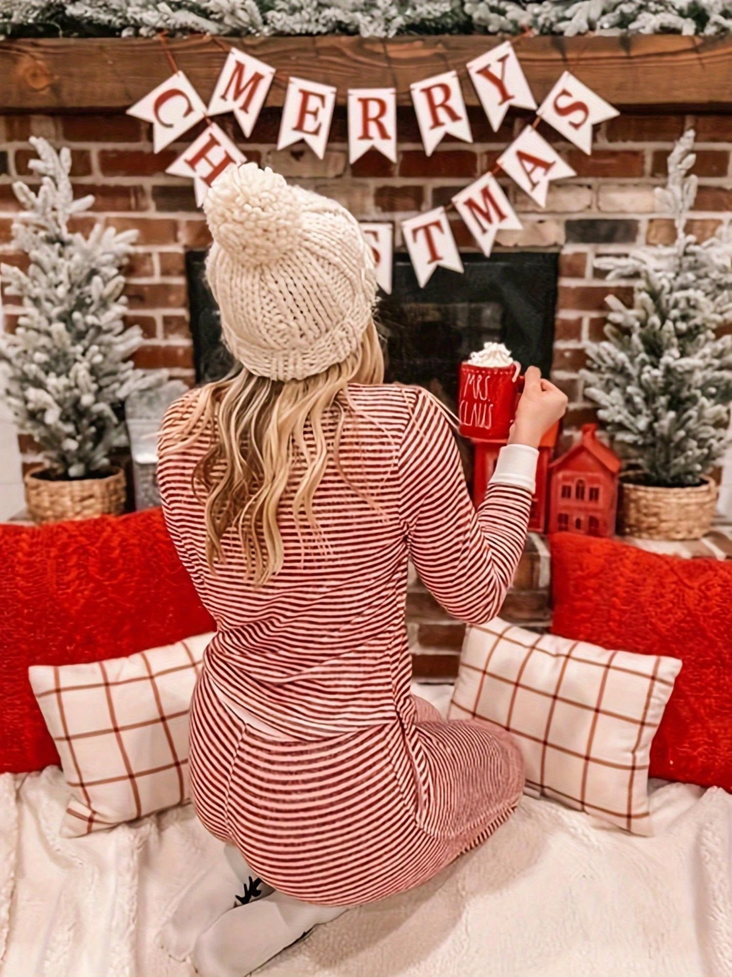 2pcs/Set Christmas Striped Long Sleeve Pajama Set