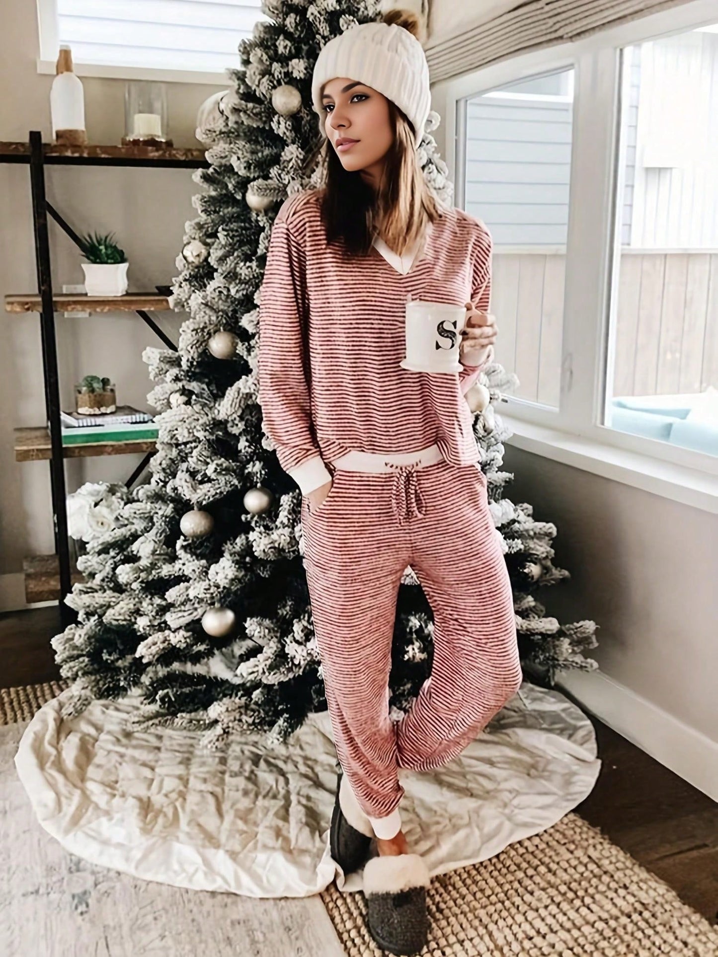 2pcs/Set Christmas Striped Long Sleeve Pajama Set