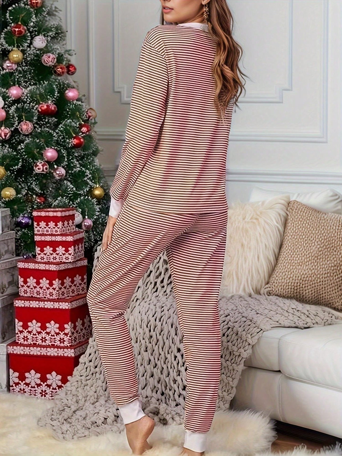 2pcs/Set Christmas Striped Long Sleeve Pajama Set