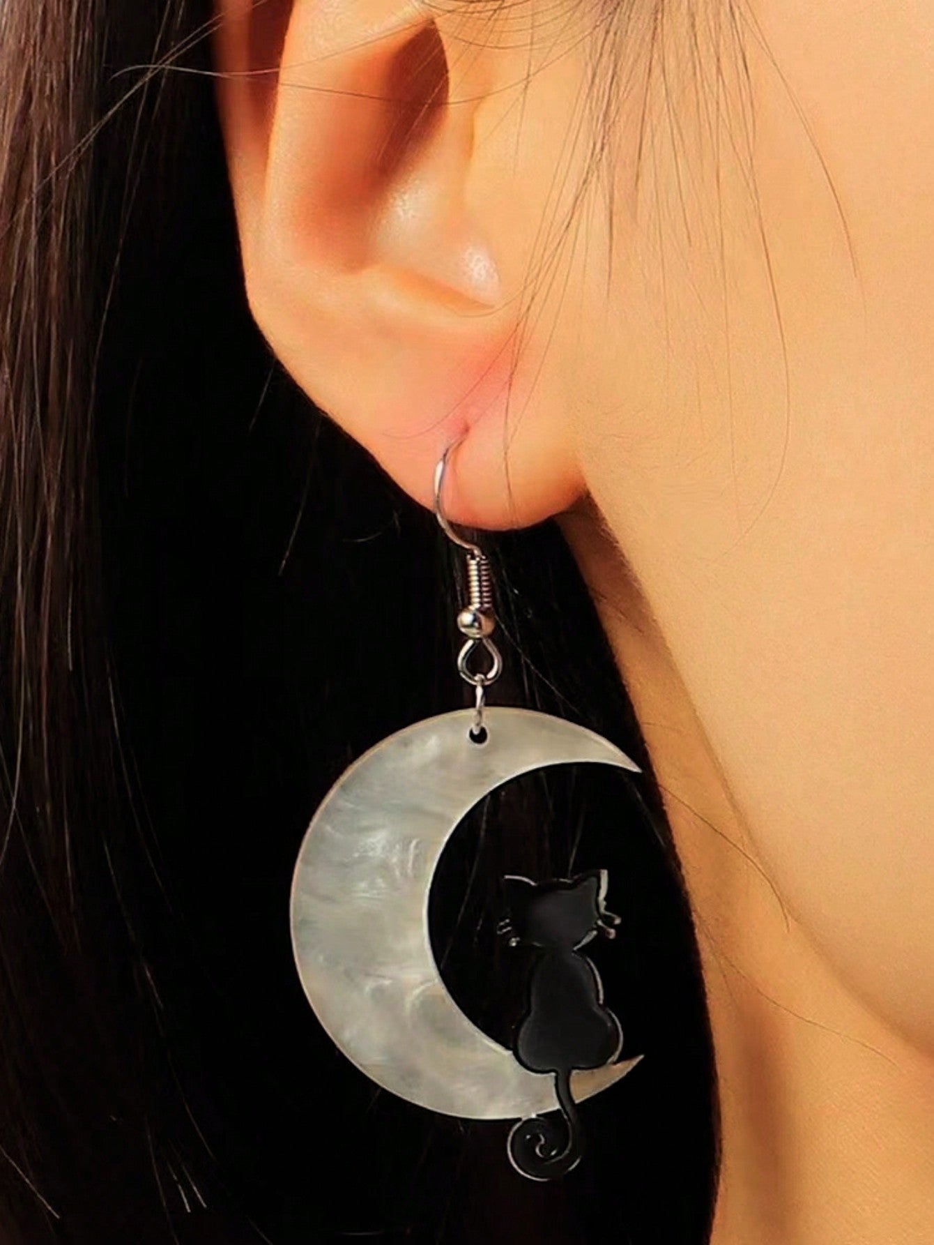 White Moon Black Cat Shaped Dangle Earrings