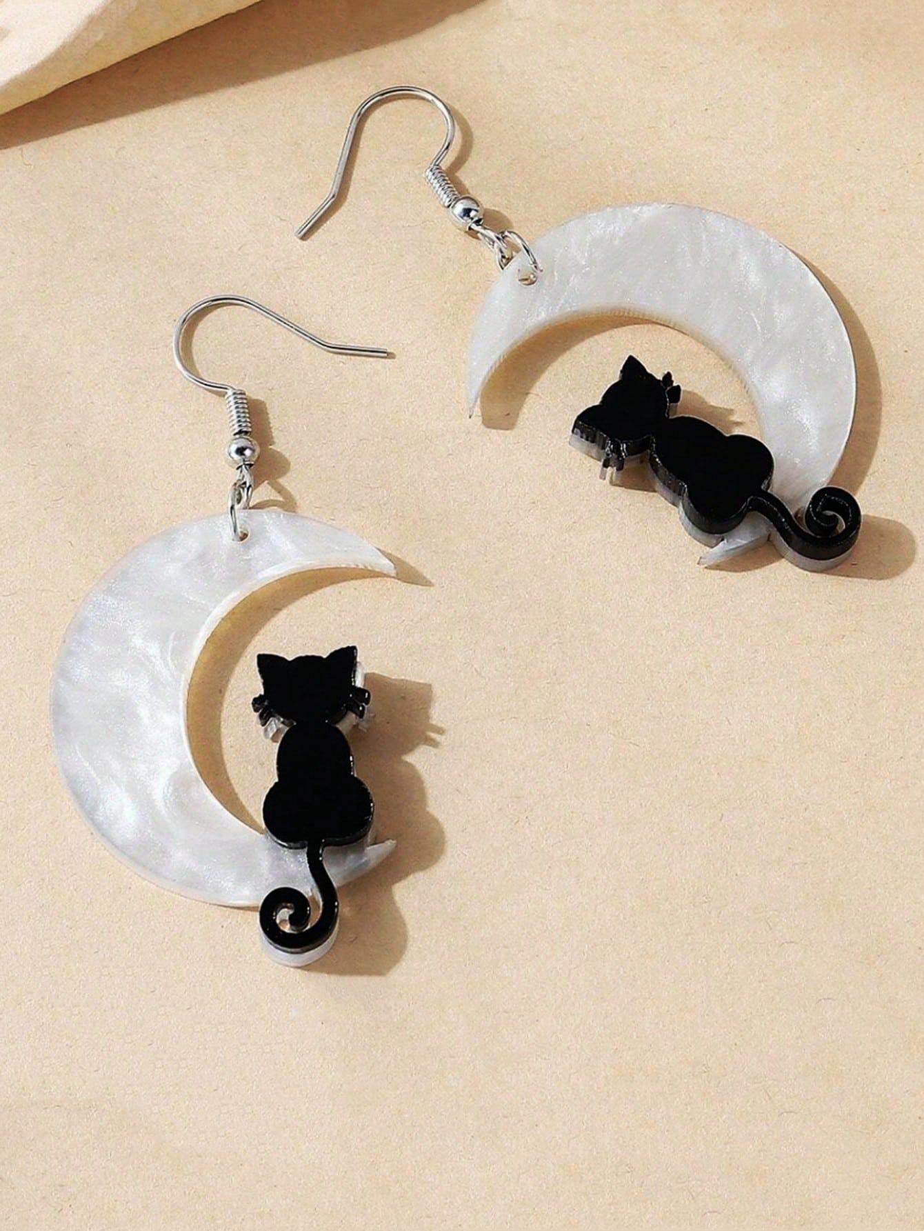 White Moon Black Cat Shaped Dangle Earrings