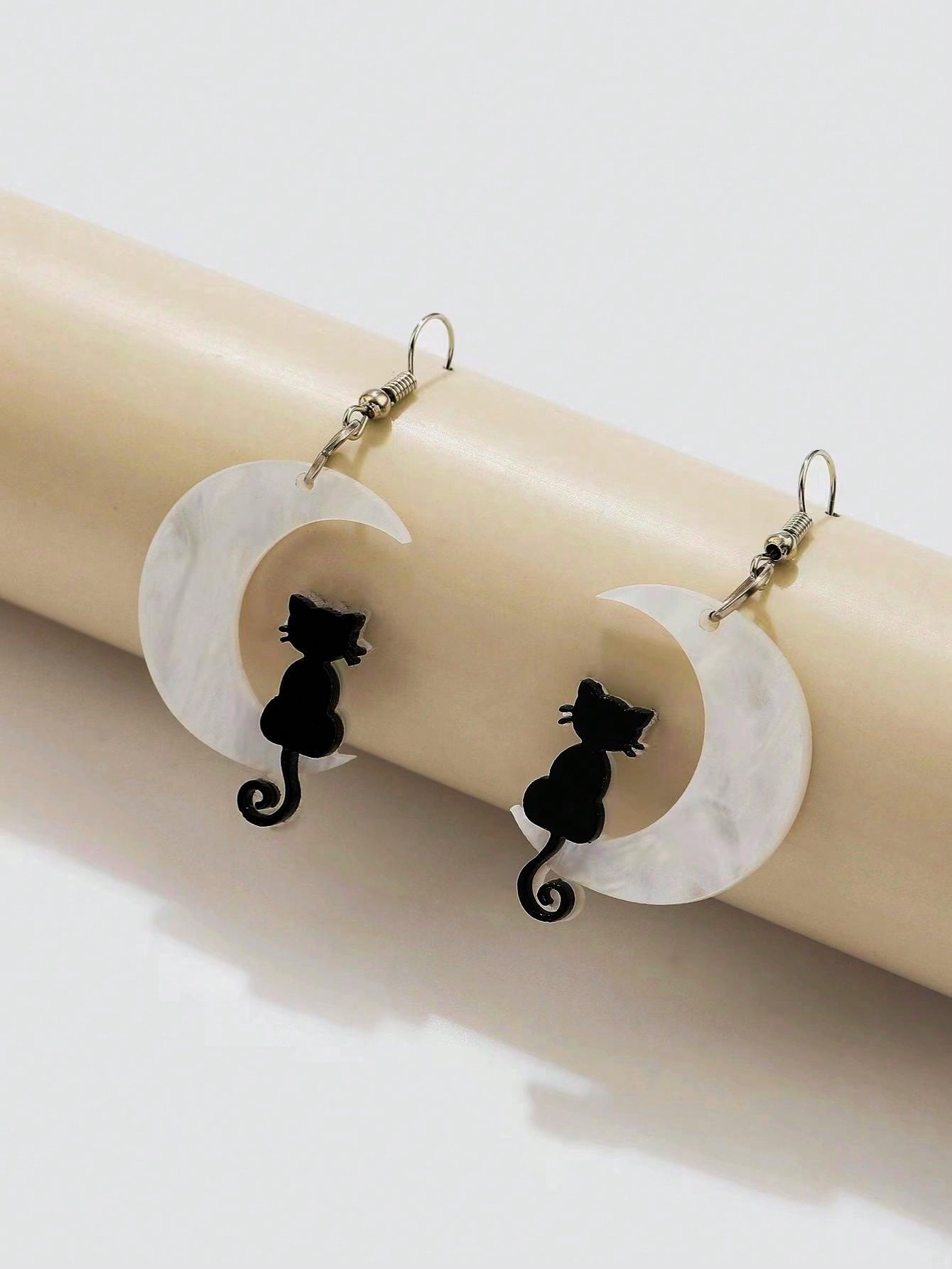 White Moon Black Cat Shaped Dangle Earrings