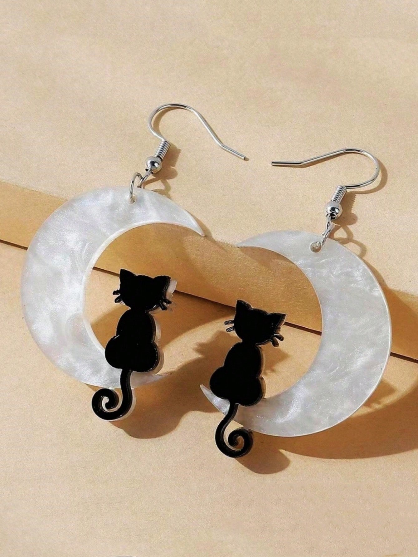 White Moon Black Cat Shaped Dangle Earrings