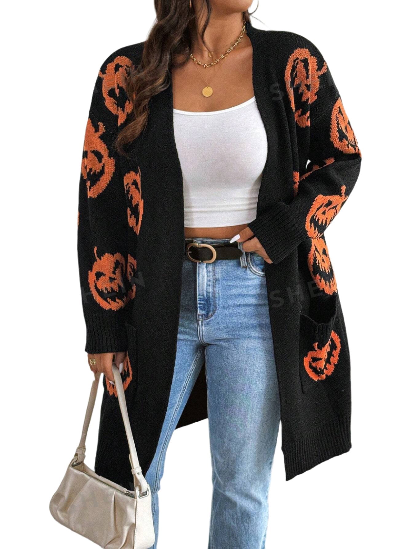 Halloween Pumpkin Print Cardigan With Dual Pockets - Plus Size