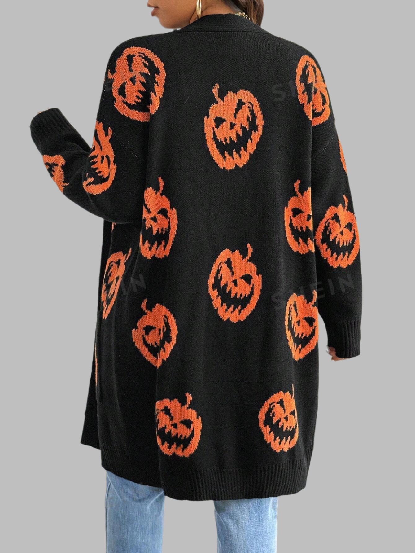 Halloween Pumpkin Print Cardigan With Dual Pockets - Plus Size