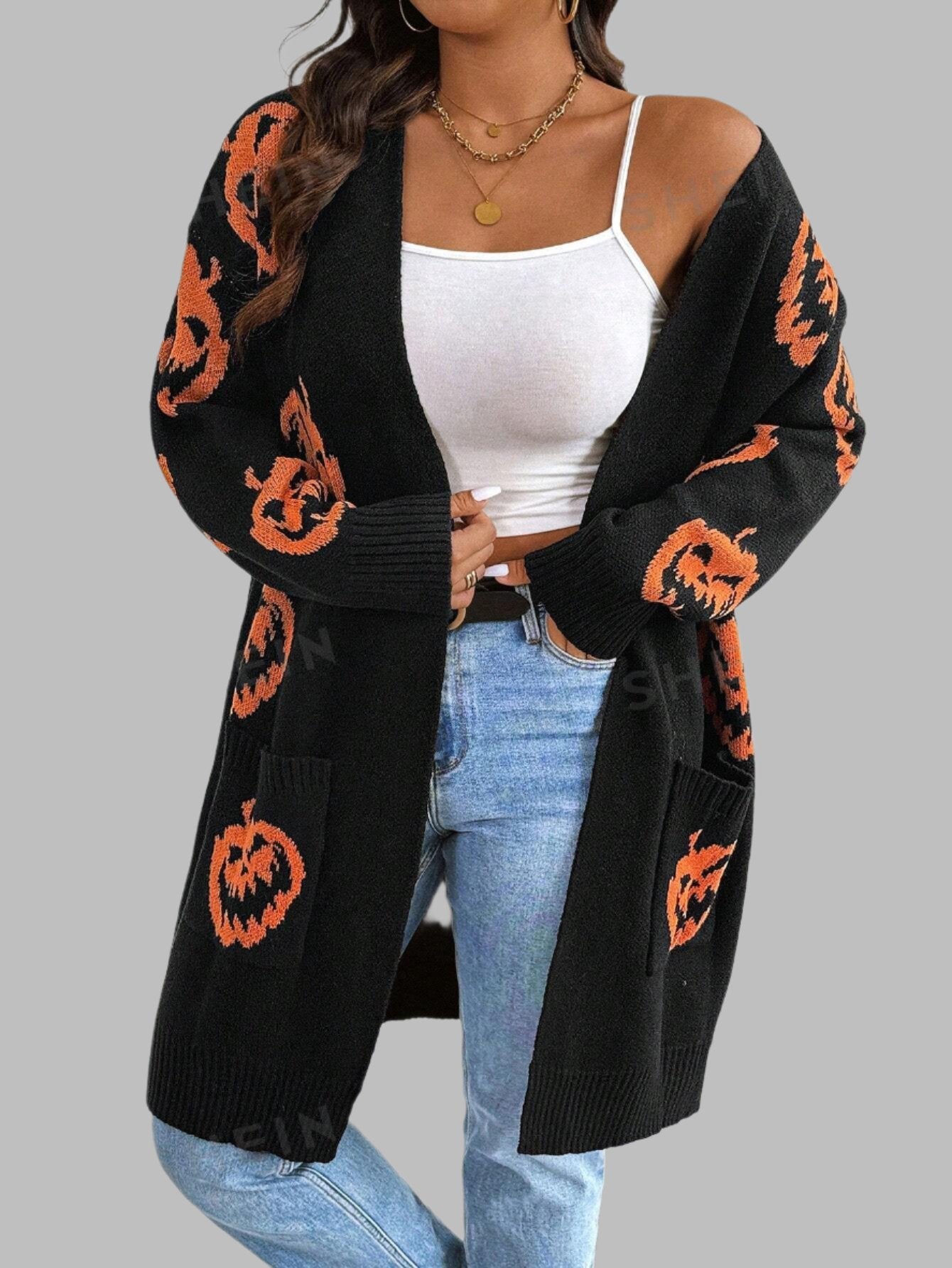 Halloween Pumpkin Print Cardigan With Dual Pockets - Plus Size