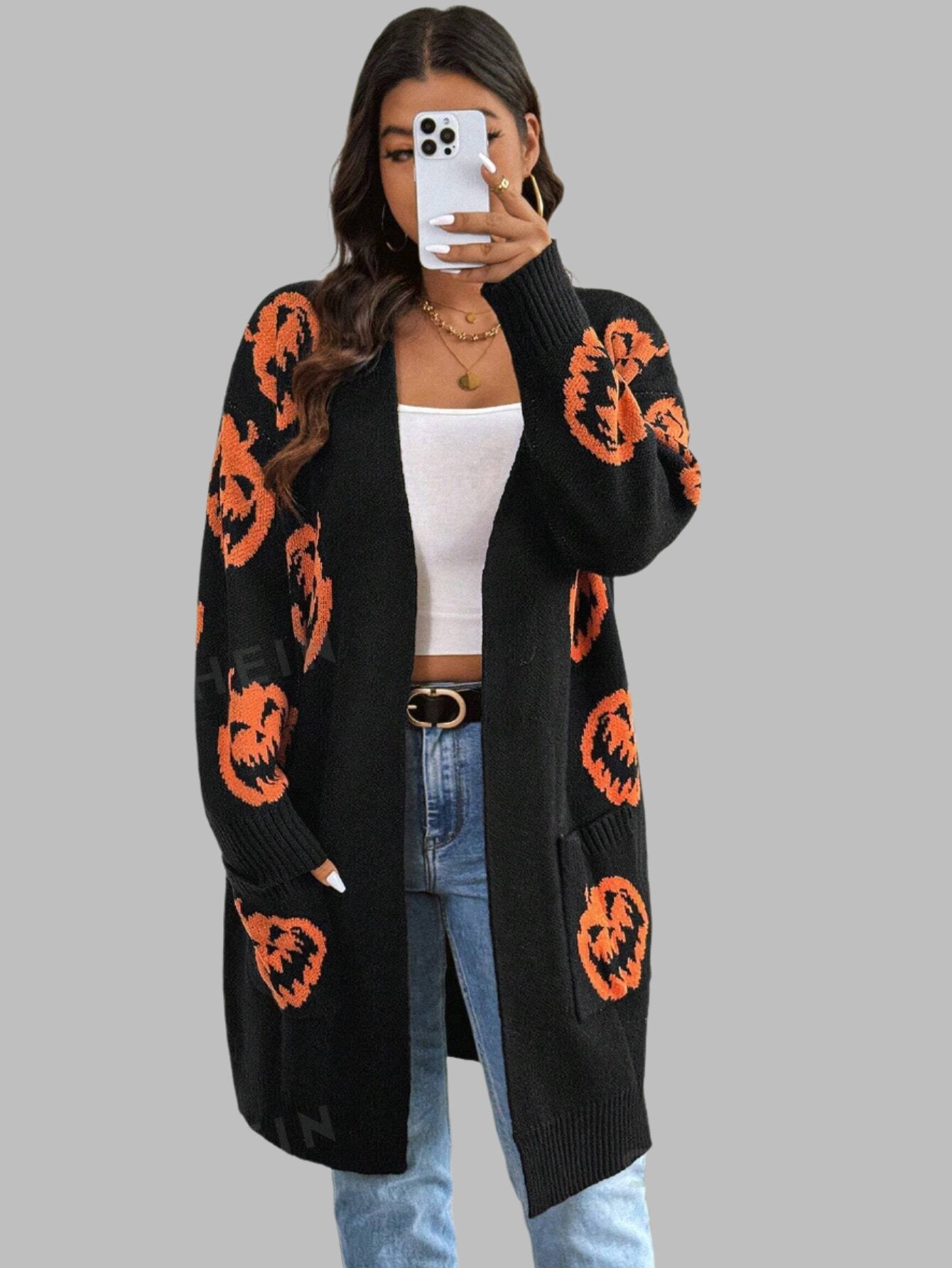 Halloween Pumpkin Print Cardigan With Dual Pockets - Plus Size