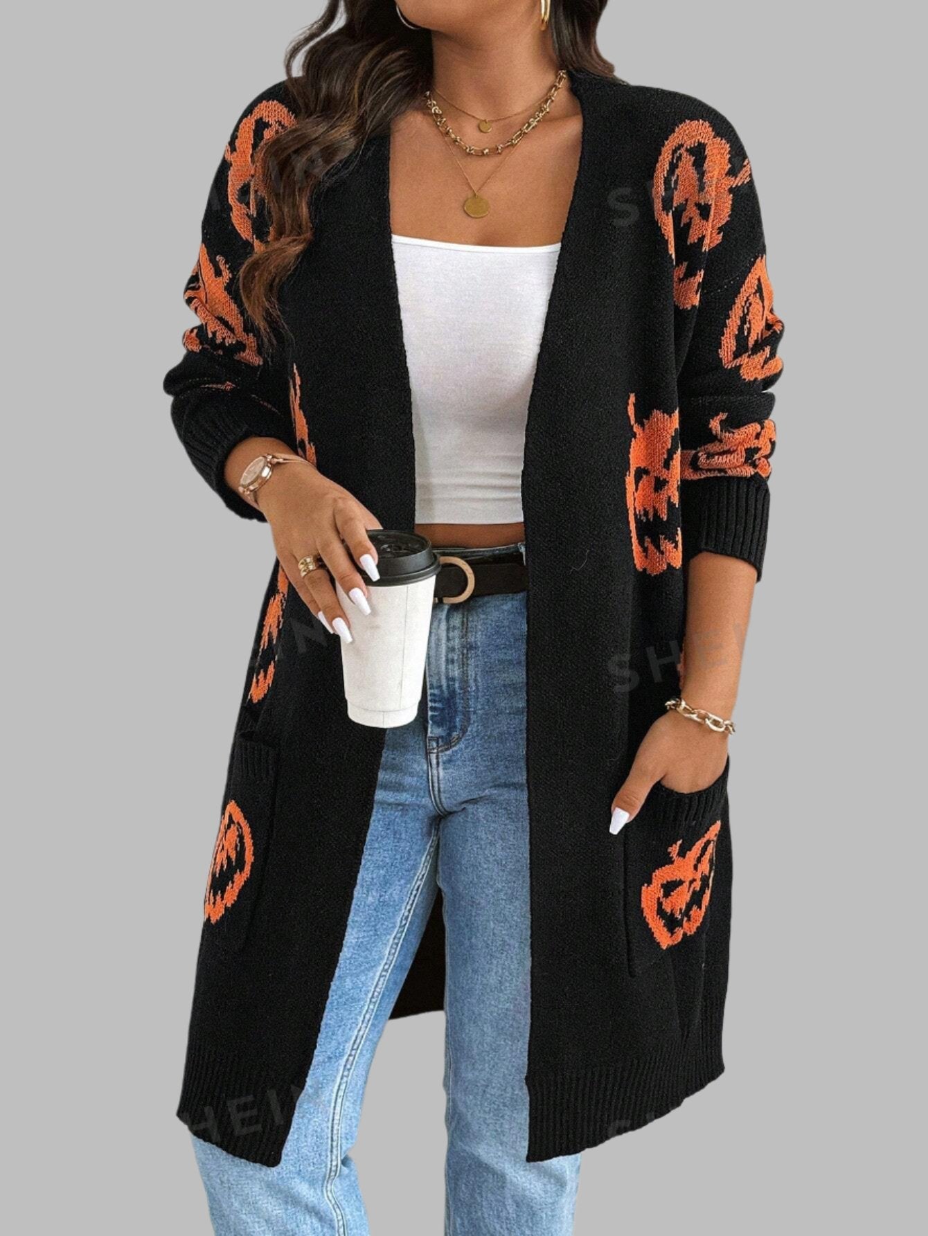 Halloween Pumpkin Print Cardigan With Dual Pockets - Plus Size