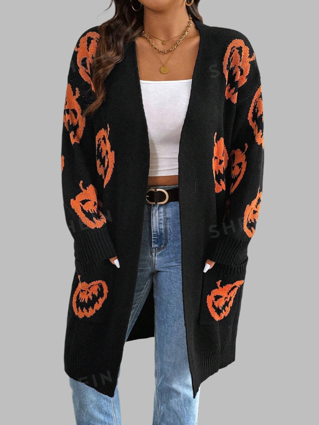 Halloween Pumpkin Print Cardigan With Dual Pockets - Plus Size