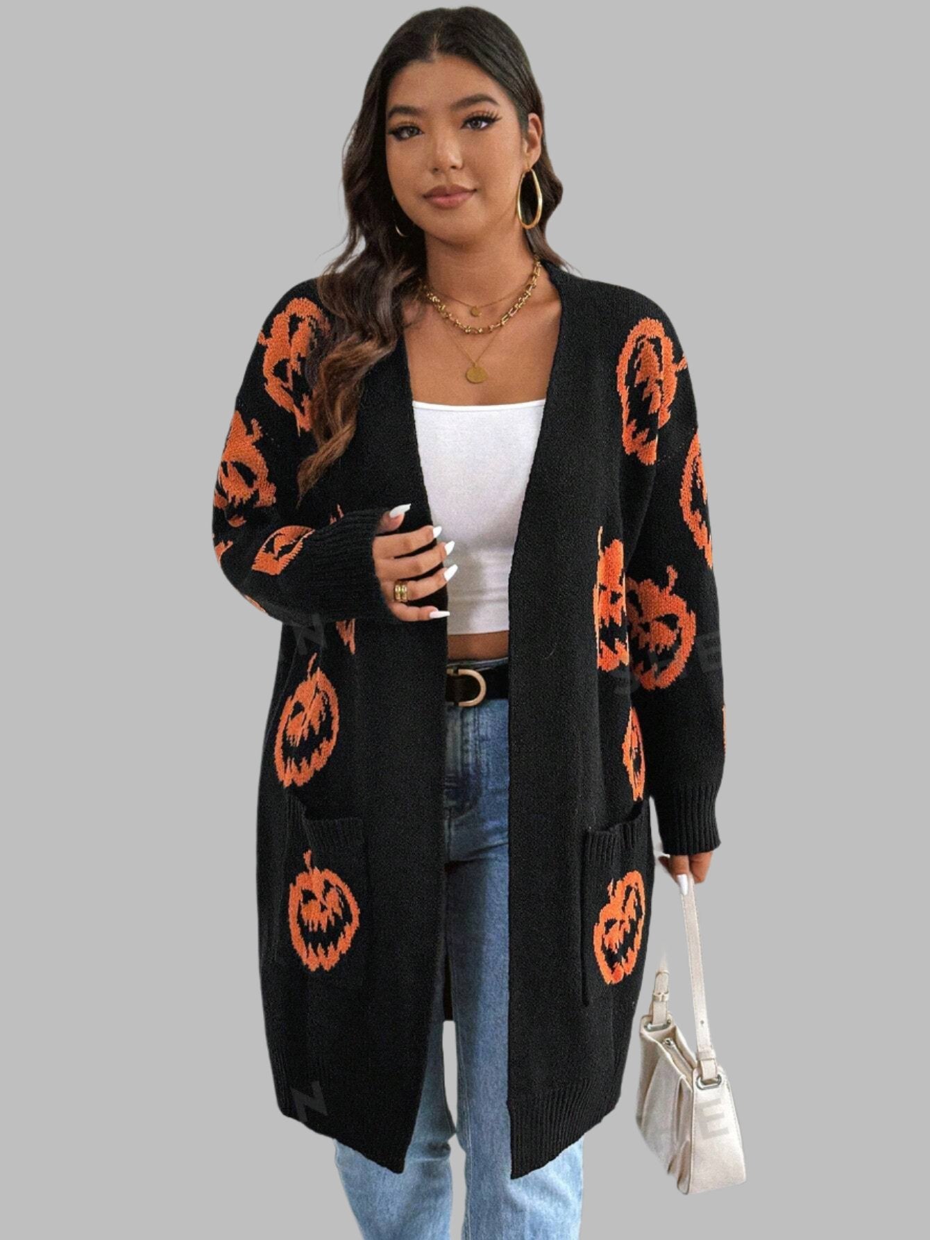 Halloween Pumpkin Print Cardigan With Dual Pockets - Plus Size