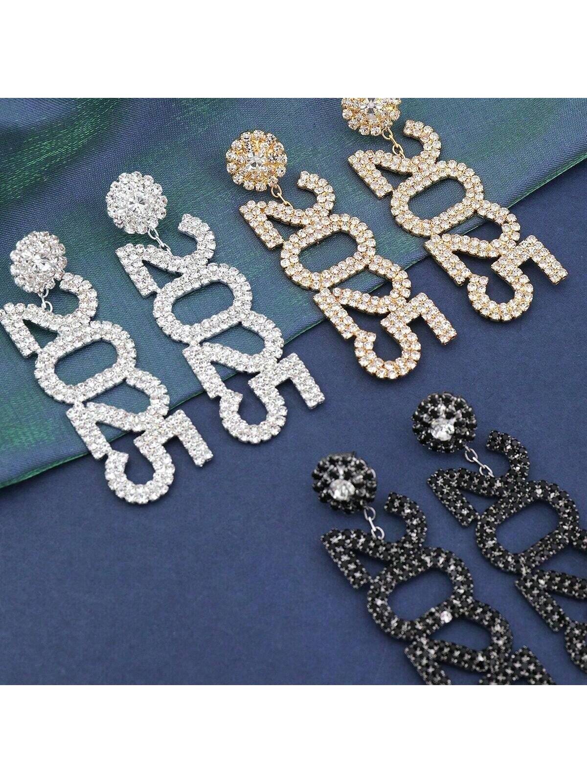 Luxury Rhinestone Year Number 2025 Pendant Earrings