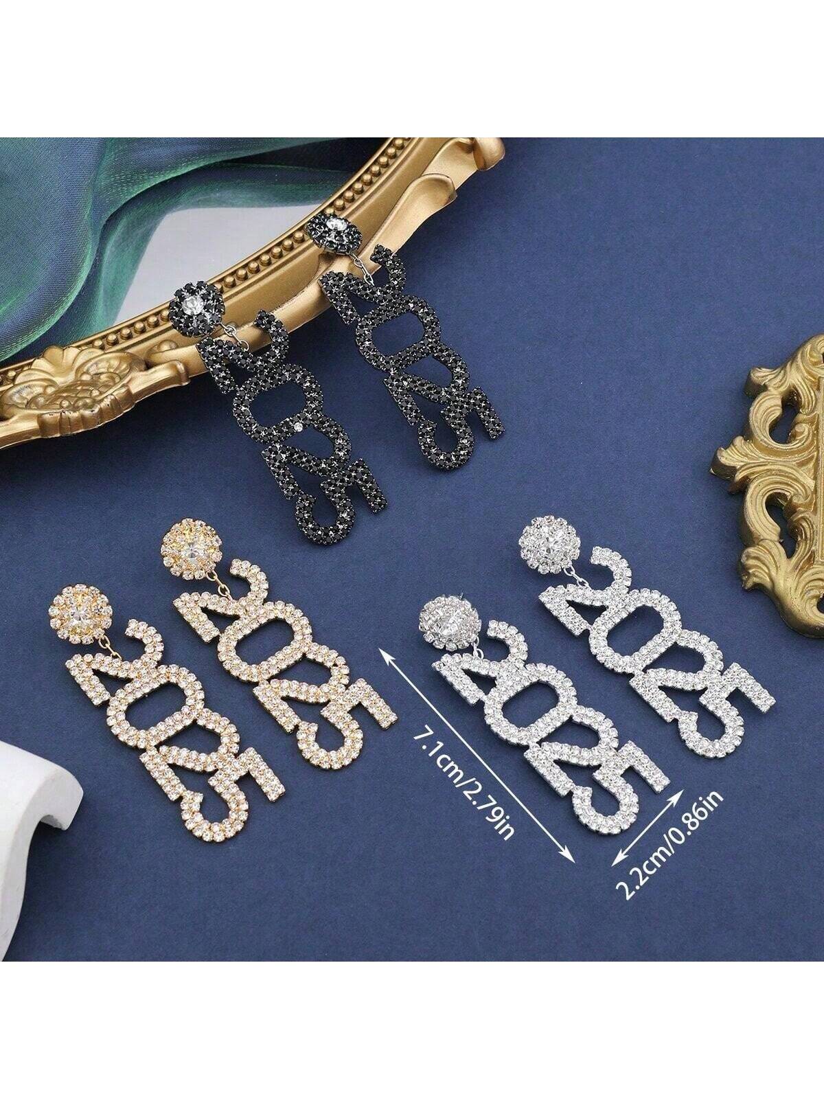 Luxury Rhinestone Year Number 2025 Pendant Earrings