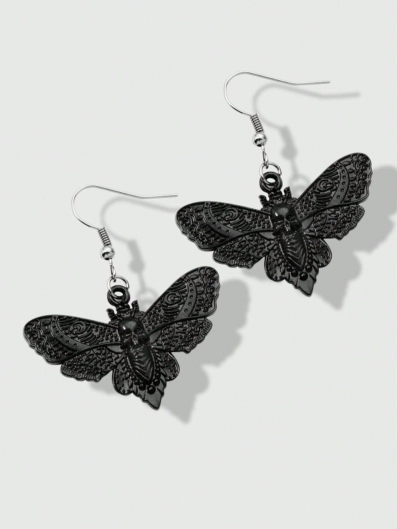 Vintage Gothic Black Moth & Skull Head Pendant Earrings