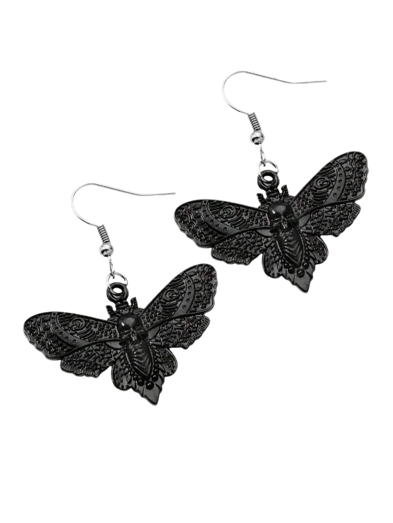 Vintage Gothic Black Moth & Skull Head Pendant Earrings