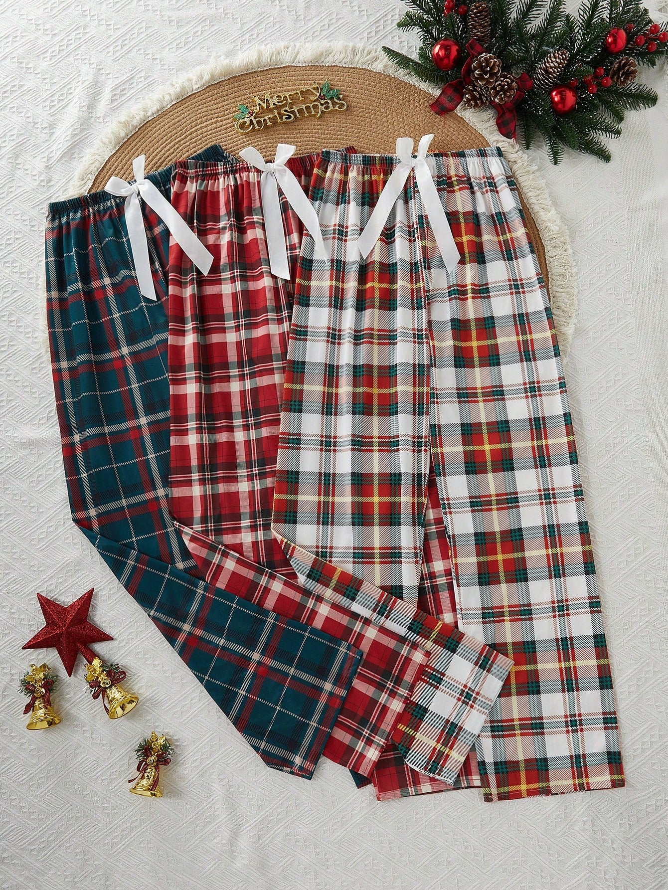 3pcs/Set Christmas Plaid Elastic Waist Pajama Pants