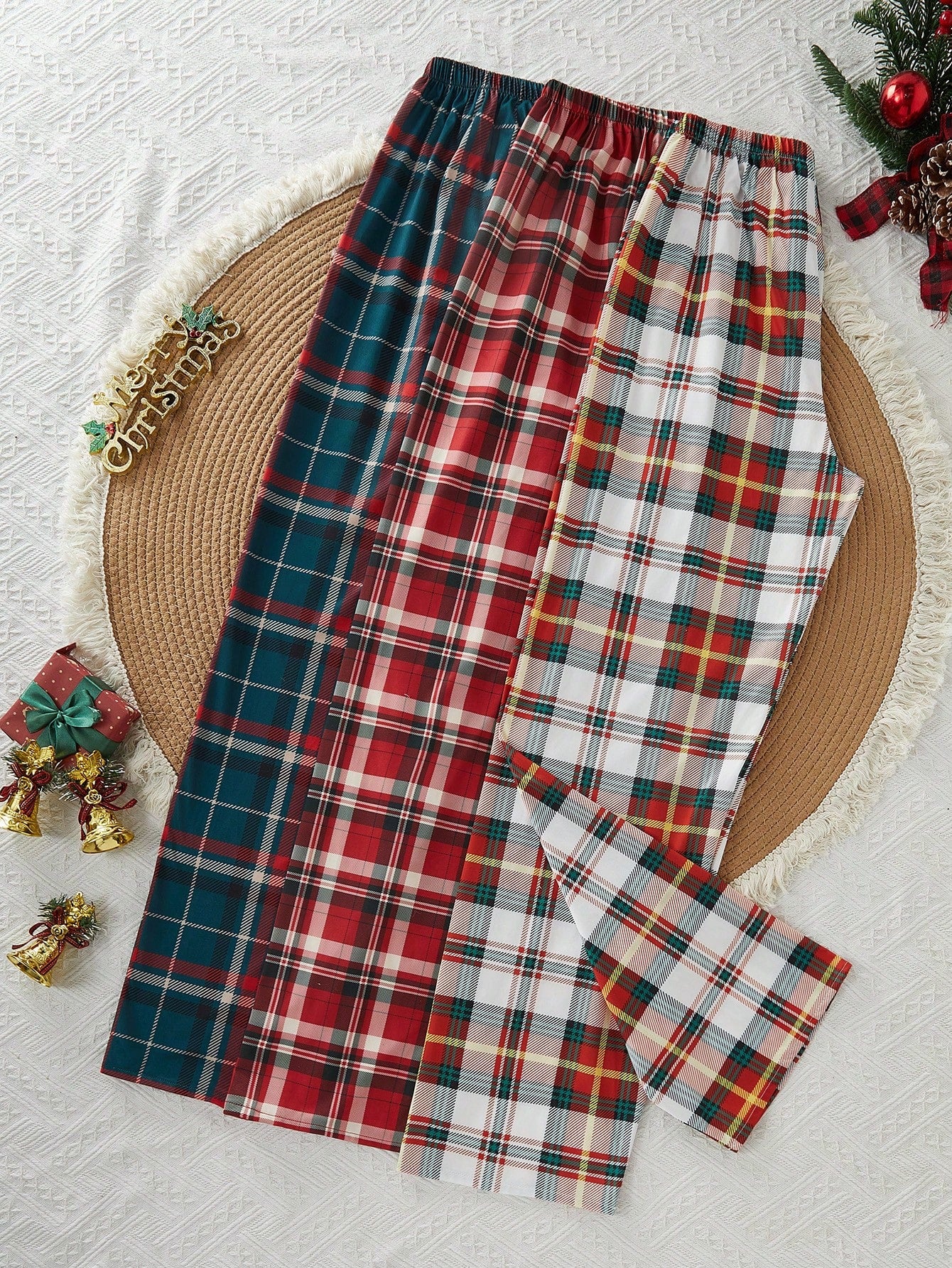 3pcs/Set Christmas Plaid Elastic Waist Pajama Pants