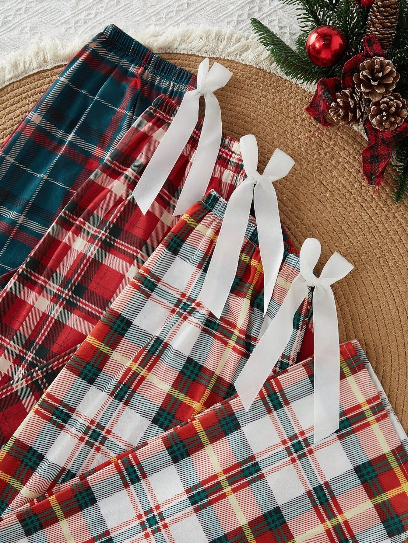 3pcs/Set Christmas Plaid Elastic Waist Pajama Pants