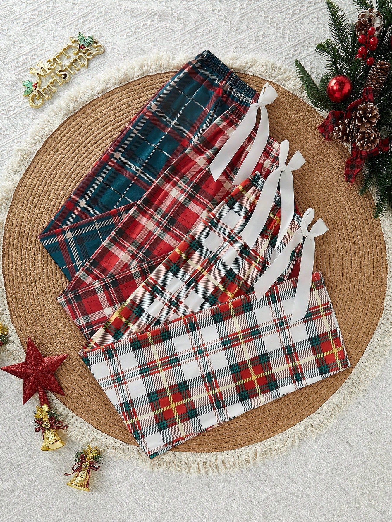 3pcs/Set Christmas Plaid Elastic Waist Pajama Pants