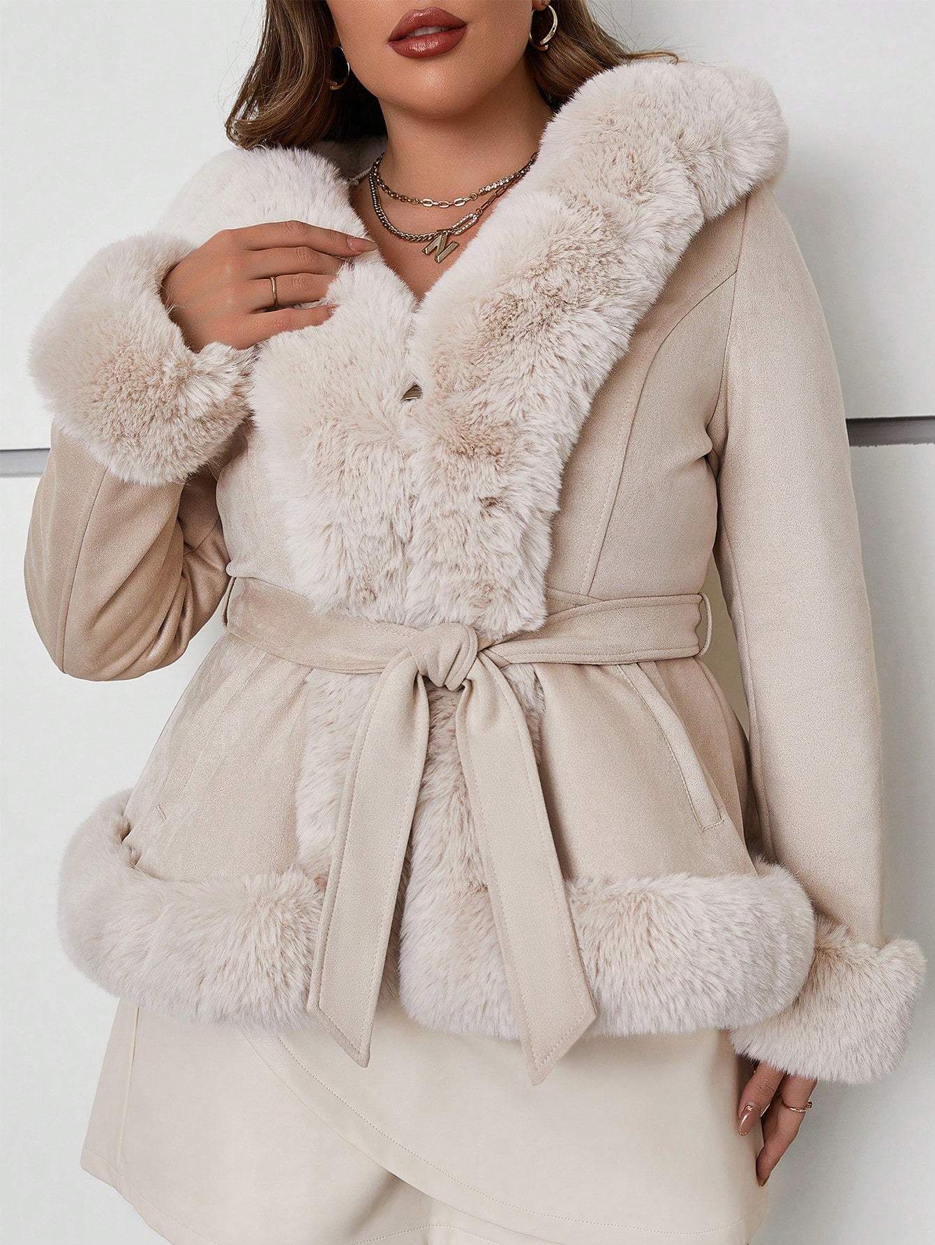 Faux Suede Plus Size Hooded Sherpa Lined Coat