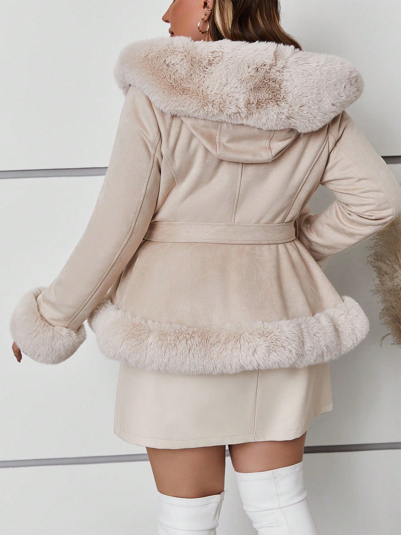 Faux Suede Plus Size Hooded Sherpa Lined Coat