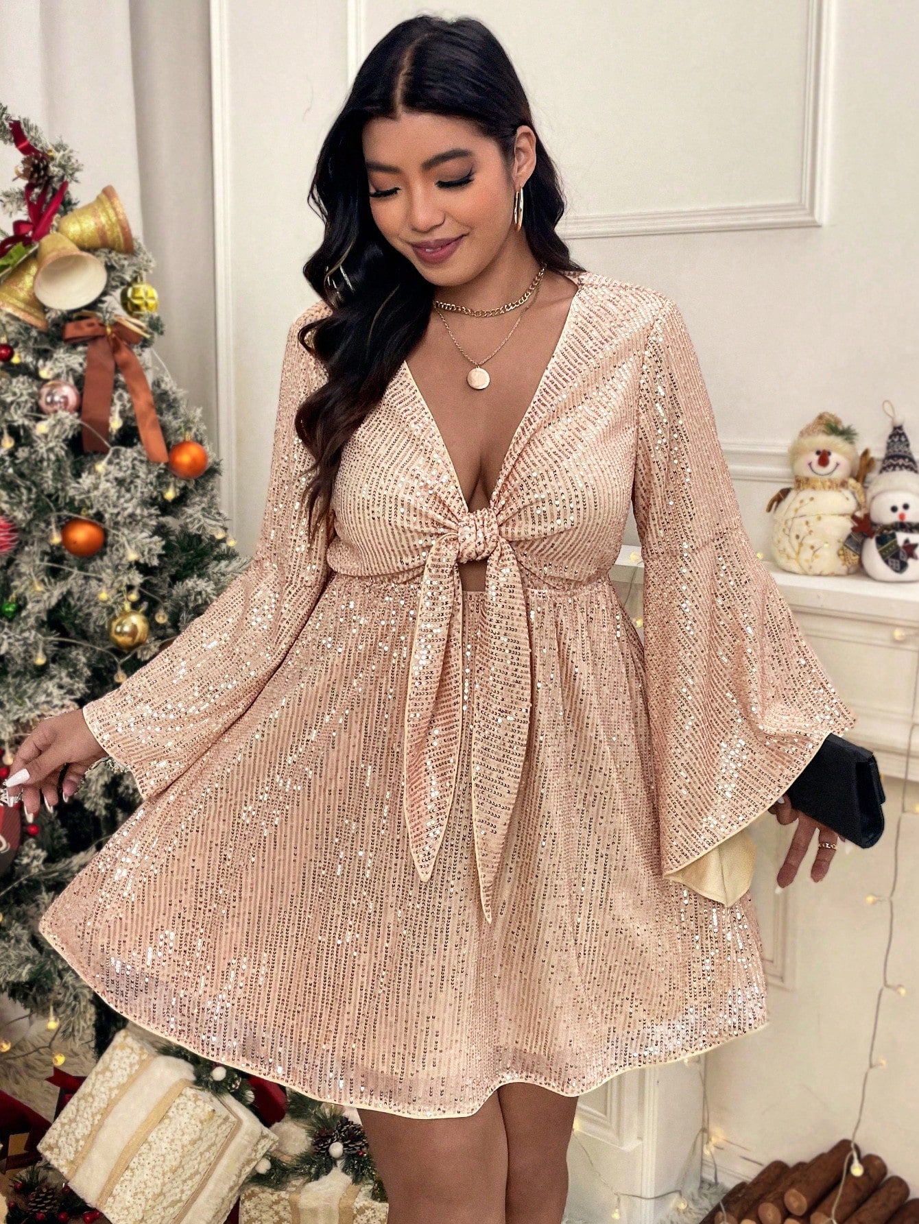 Plus-Size Winter Shine Sequin Long Bell Sleeve A-Line Party Dress