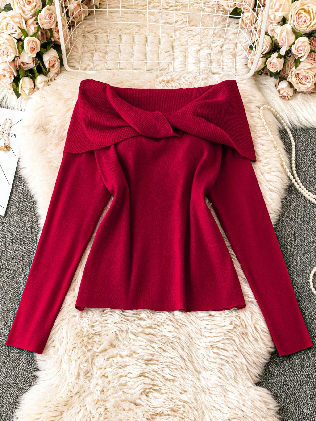 Plus Size Red Off-Shoulder Twist Knot Long Sleeve Sweater