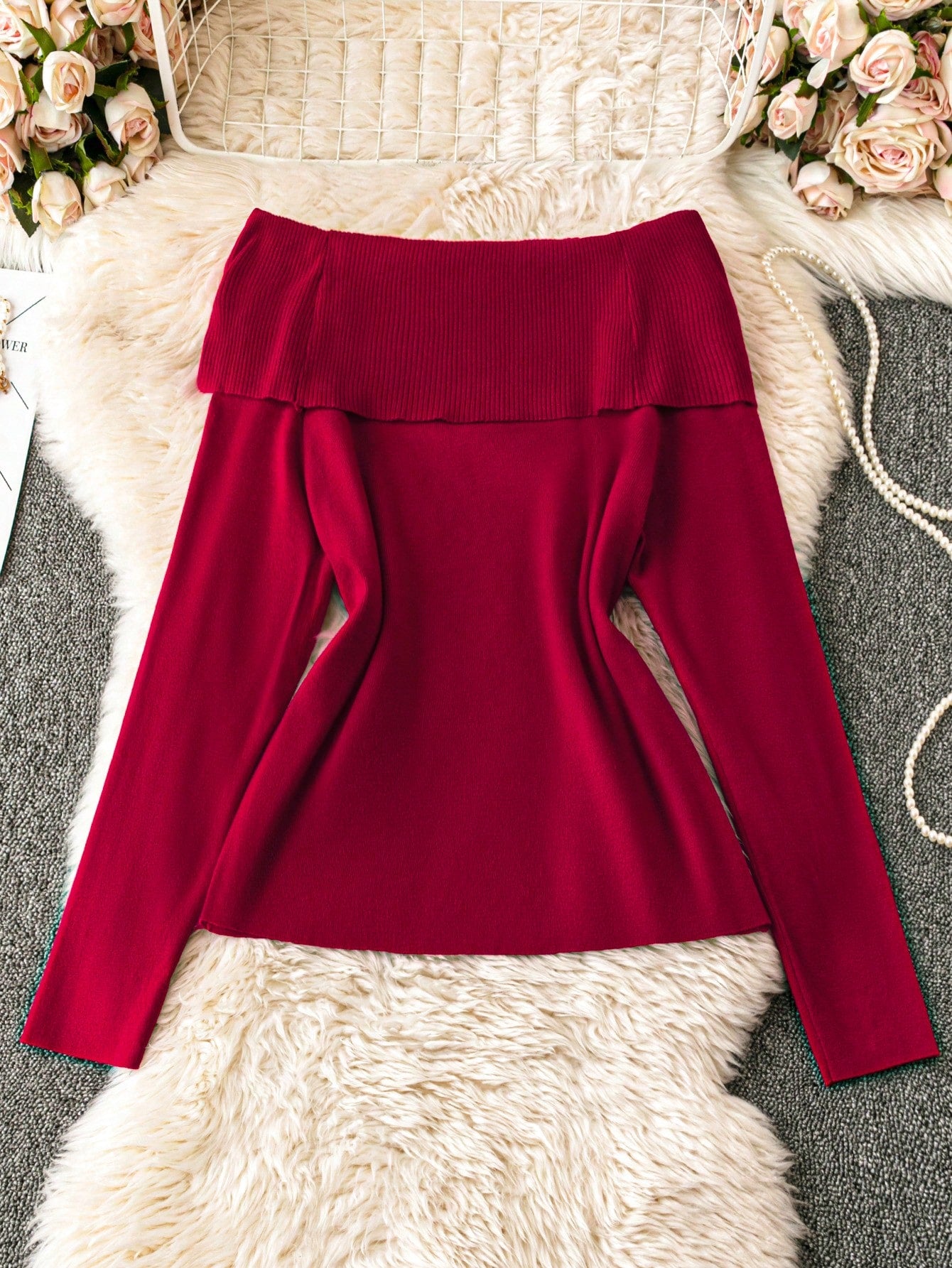 Plus Size Red Off-Shoulder Twist Knot Long Sleeve Sweater