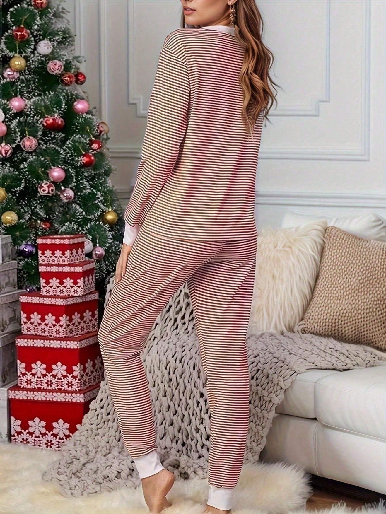 2pcs/Set Christmas Striped Long Sleeve Pajama Set