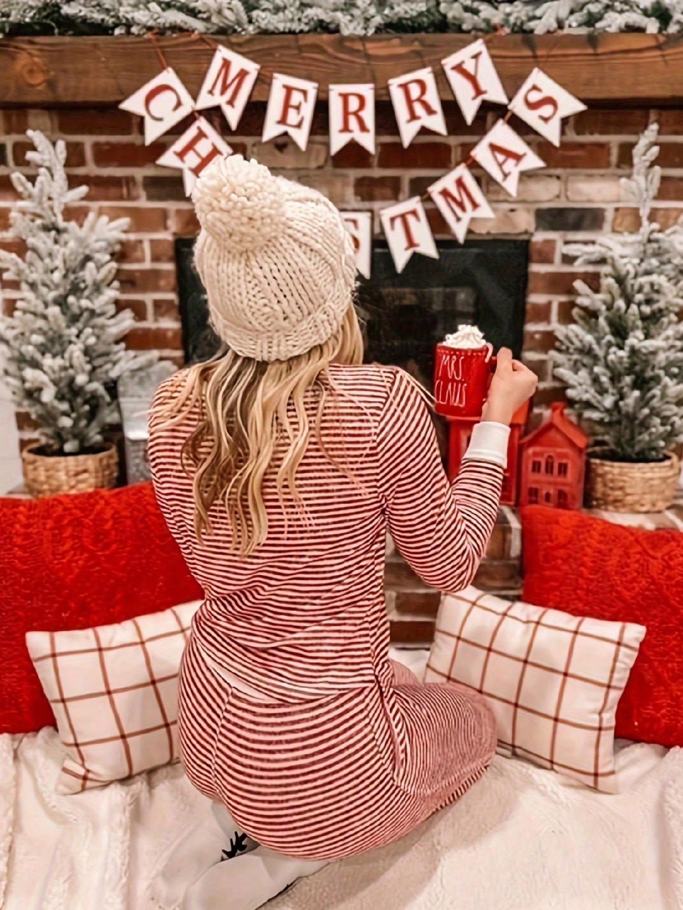 2pcs/Set Christmas Striped Long Sleeve Pajama Set