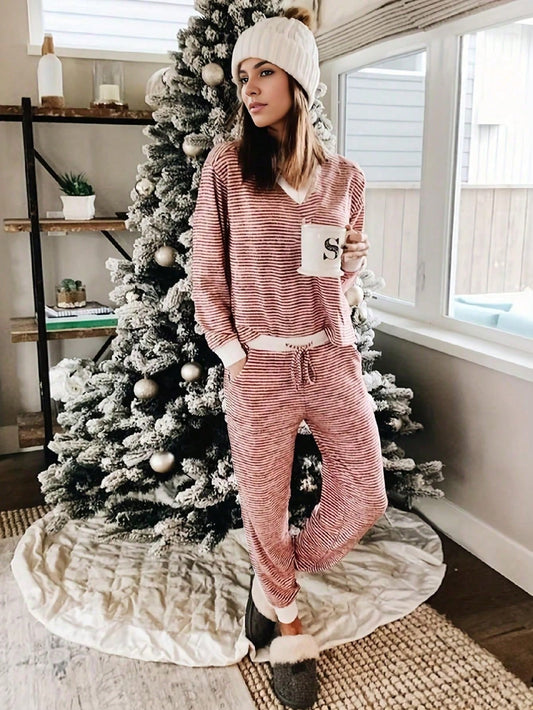 2pcs/Set Christmas Striped Long Sleeve Pajama Set