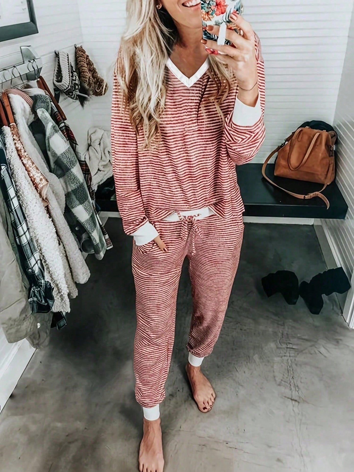 2pcs/Set Christmas Striped Long Sleeve Pajama Set