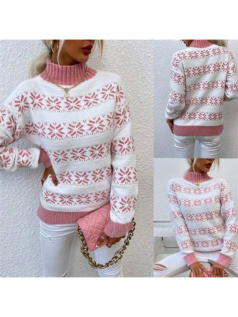 Christmas Snowflake Semi High Neck Sweater Knitted Sweater