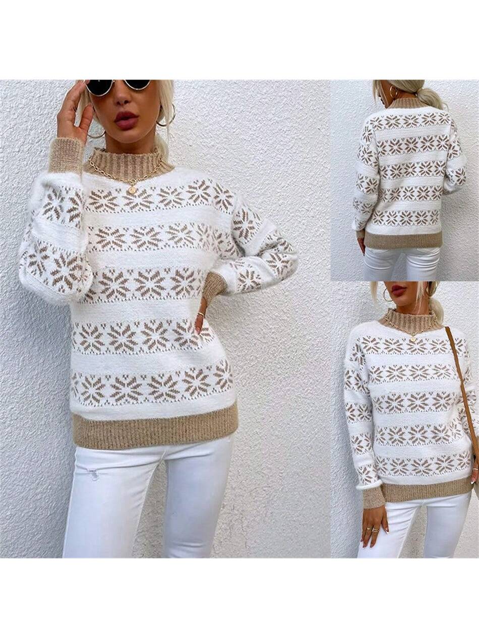 Christmas Snowflake Semi High Neck Sweater Knitted Sweater