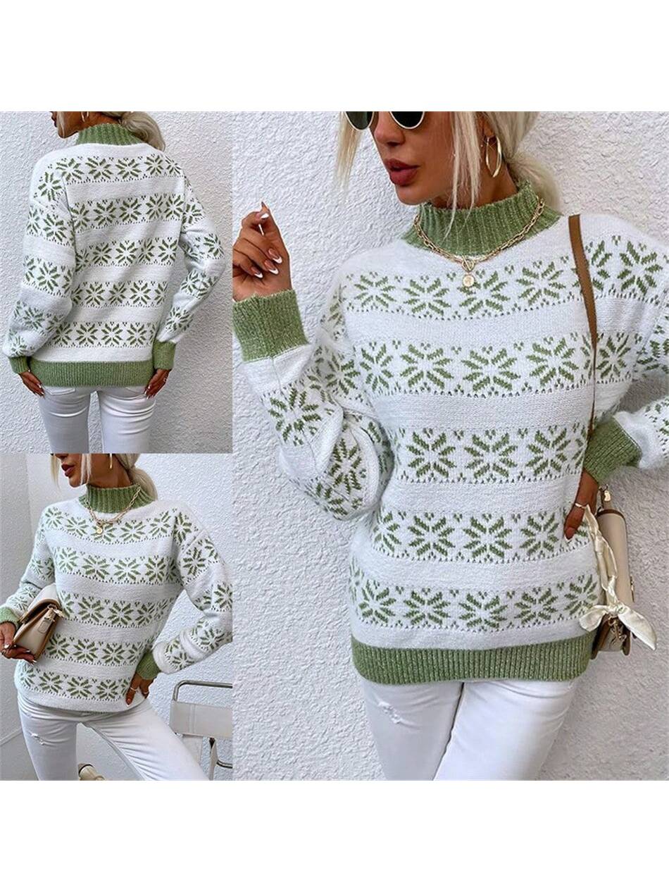 Christmas Snowflake Semi High Neck Sweater Knitted Sweater